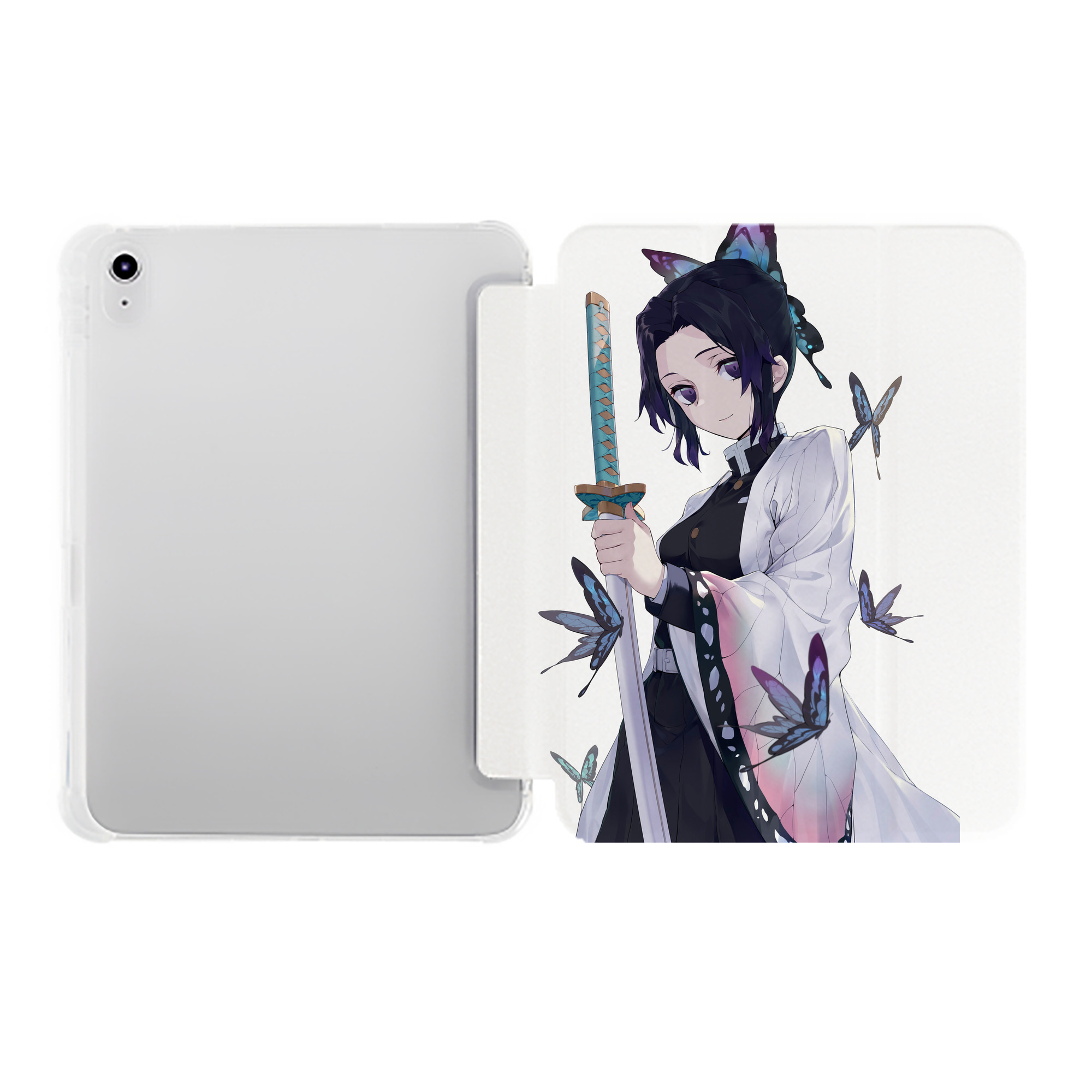 （画像用） 鬼滅の刃（きめつのやいば）蟲柱-胡蝶 しのぶ／こちょう しのぶ Kochou Shinobu IPad ケース ペン収納付き 三つ折りスタンド PUレザー×シリコン 対応機種9.5/10.5/10.9インチ